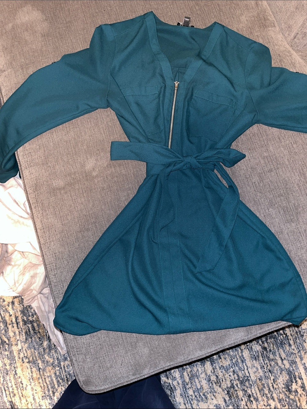 Express Teal Long-Sleeve V-Neck Belted Dress